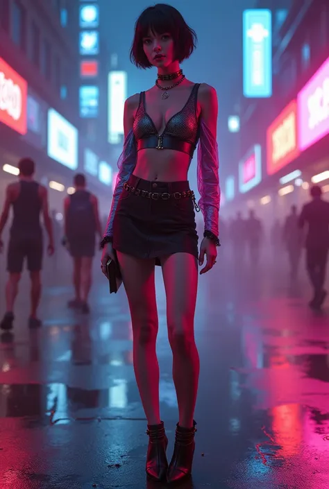 Very fashionably dressed girl with very short hair,  closed tank top with neon elements,  asymmetric sleeves  ( one sleeve long and closed ,  another short and open ),  stiletto high heels .  Cyberpunk glamour style .  photorealistic style ,  high definiti...