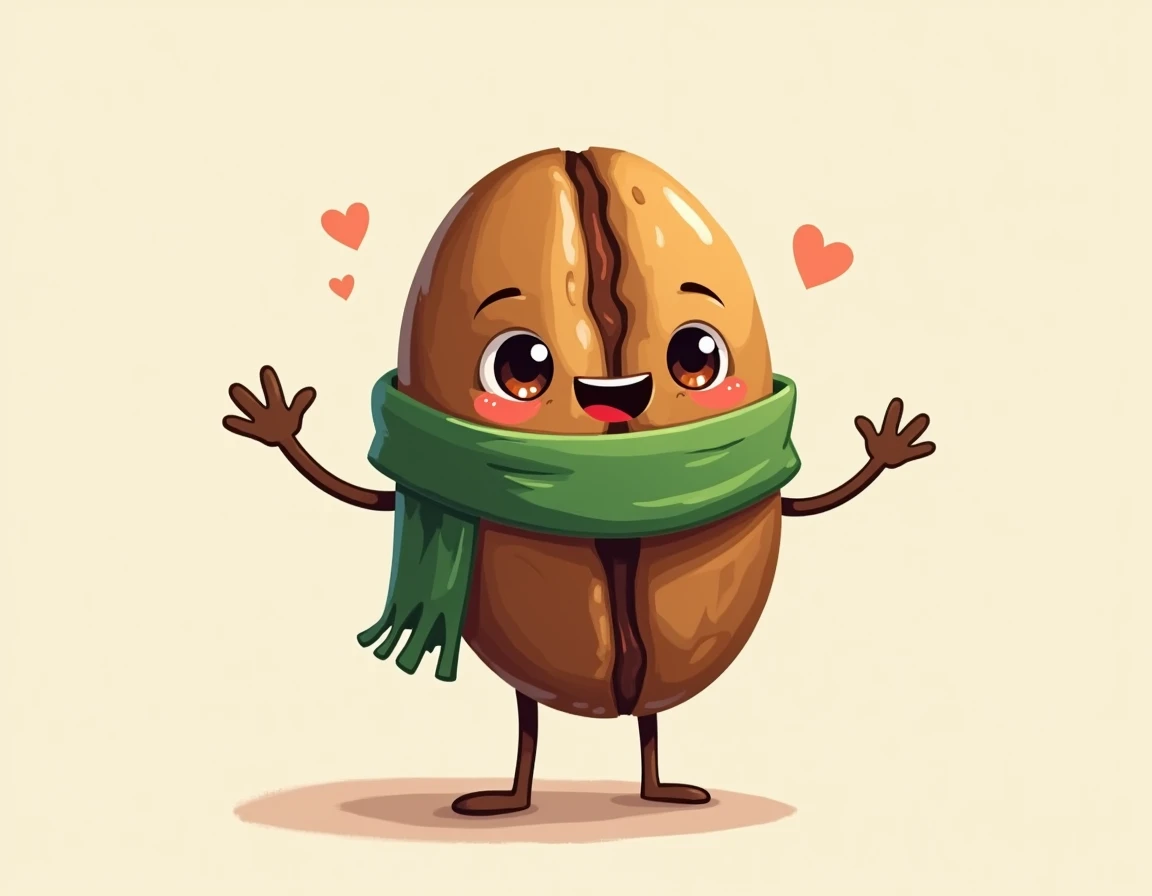 Create only the character , bottomless.  An anthropomorphized coffee bean with accessories such as a green scarf,  character evoking warmth and familiarity , curious,  friendly and environmentally aware .,  must be a 2d ,  drawn with the hose arms and legs...