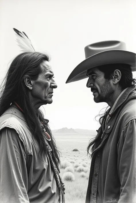 Create an easy drawing of a Native American man with long hair and a cowboy on the other side, The two in profile looking at each other  
