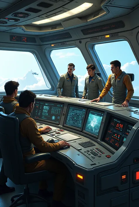 5 realistic people inside a ship on a console