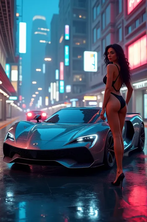 A wallpaper with a luxurious futuristic car with a super beautiful girl in a swimsuit.
