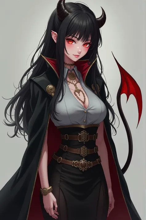 she has long black slightly wavy hair, red eyes, large breasts, and short stature. she’s 23. dressed in a gray shirt with belts, and a long skirt, she also has a cape. she has a demonic tail. 