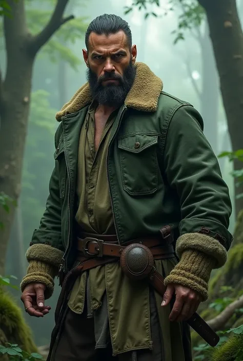 a man wearing a green jacket in a forest, vin diesel, hero, epic fantasy medieval fantasy character, portrait of finn the wild man, dwayne johnson as harry potter, dominic toretto, fantasy character photo, ronaldo nazario, profile photo, grand fantasy d&d ...