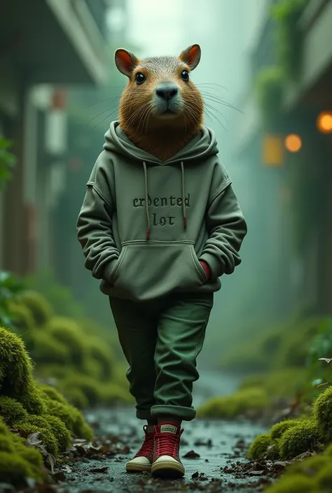 (fantasy realism, urban setting, highly detailed textures) | A humanized capybara portrayed as a mysterious wanderer in a moss-green urban setting. She wears a weathered gray sweatshirt with subtle enchanted runes etched into the fabric, greenish jeans, an...