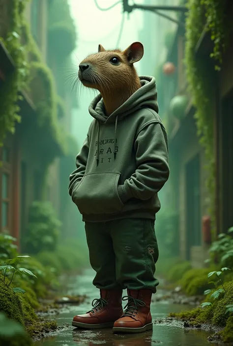 (fantasy realism, urban setting, highly detailed textures) | A humanized capybara portrayed as a mysterious wanderer in a moss-green urban setting. She wears a weathered gray sweatshirt with subtle enchanted runes etched into the fabric, greenish jeans, an...