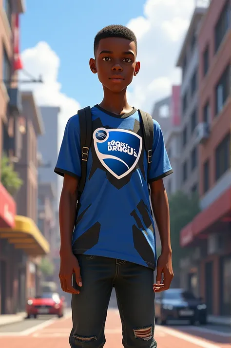 Tall lean black boy with a rocket league shirt 
