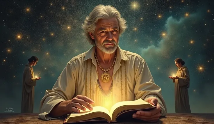 An artistic depiction of Neville Goddard in a classical, mystical style, sitting before an open book radiating golden light. In the background, a vast starry universe with constellations and cosmic symbols. One of his students holds out a glowing hand with...