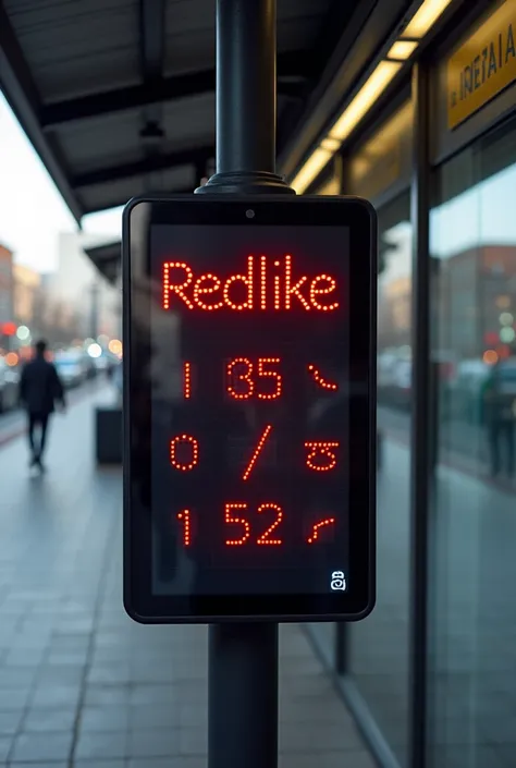 a device at a bus stop that says when the bus with the name Redlike will arrive in red