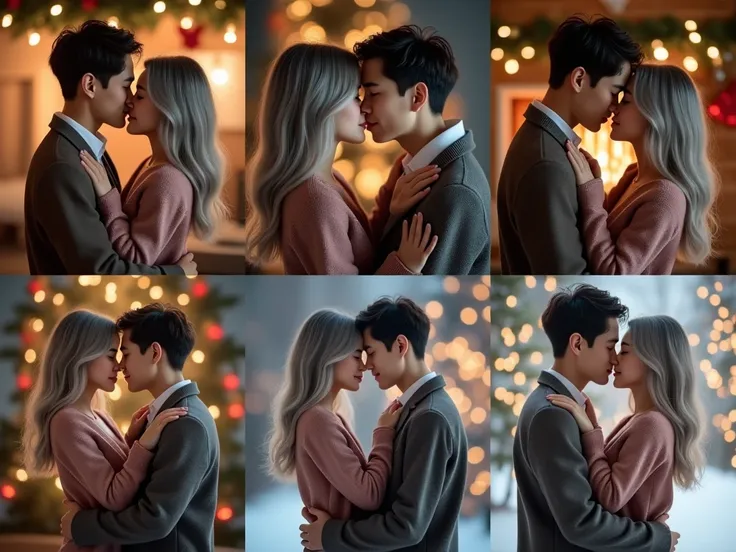  a young couple of Asian descent,  a girl with long gray blonde hair and a highly boy with brown hair, The two together with a different Christmas theme in each photo.