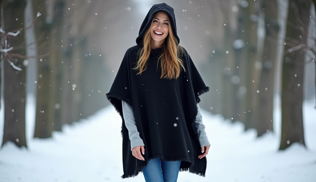 An unforgettably beautiful, slender, horny, 30-year-old American woman wearing a long, black "winter poncho with hood" in a "winter wonderland". The 30-year-old wears light gray sleeves, blue jeans, and black boots. The 30-year-old laughs flirtatiously. Be...