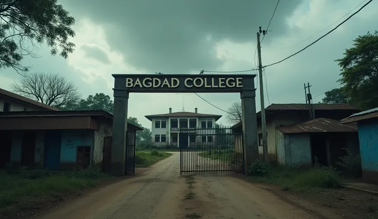 Degree College building, The text "Bagdad College" appears prominently in black at the gate of the college.
environment with cloudy, overcast skies, adding to the melancholic tone. The scene captures the emotions of hardship and determination in a rural se...