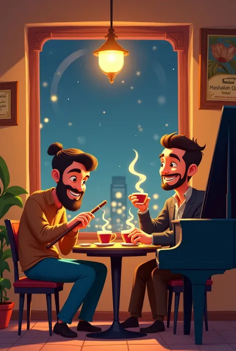 Two animated man one is a flute player and other guy is a pianist sitting at a chai hotel named Mashallah Quetta Hotel in Karachi with chai in hands laughing at each other at night