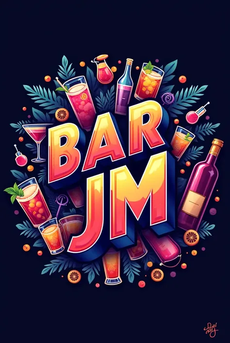  Create a professional profile image for a social network,  in the image must highlight the name  "Bar JM "  with bright colors surrounded by drinks 