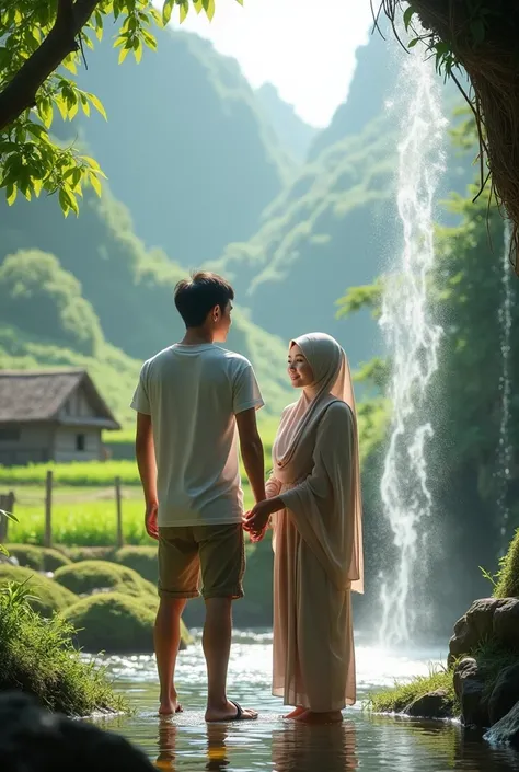 (photorealism:1.2), natural scenery Beautiful village in beautiful nature a young Indonesian man thin body.wearing a white t-shirt, shorts and flip flops . handsome face smiling slightly facing the front .Being showered under a waterfall hand in hand with ...