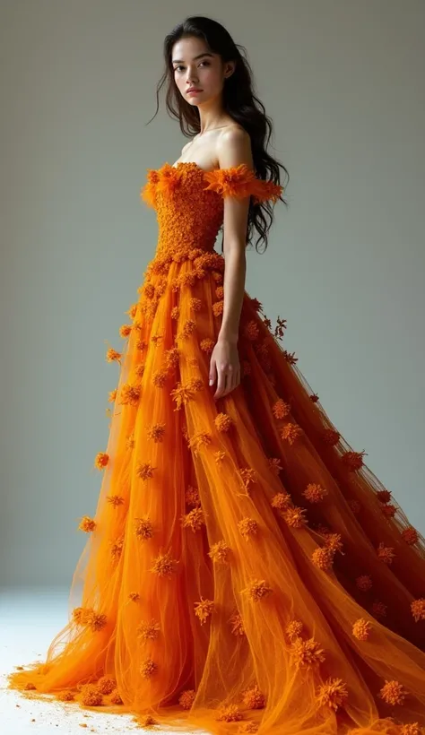 Create a detailed description of a young and beautiful 21-year-old model showcasing a full-body look. She is dressed in a unique and artistic gown made entirely out of curry powder, emphasizing the vibrant colors and textures of the spice. The image is pre...