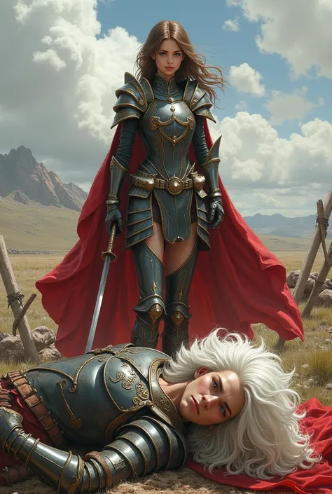 Create an image of a won war while in the center a green-eyed and brown-haired girl in feminine armor and a red cape is standing, seeing if a strong, handsome man with enormous white hair is lying fainted on the battlefield.