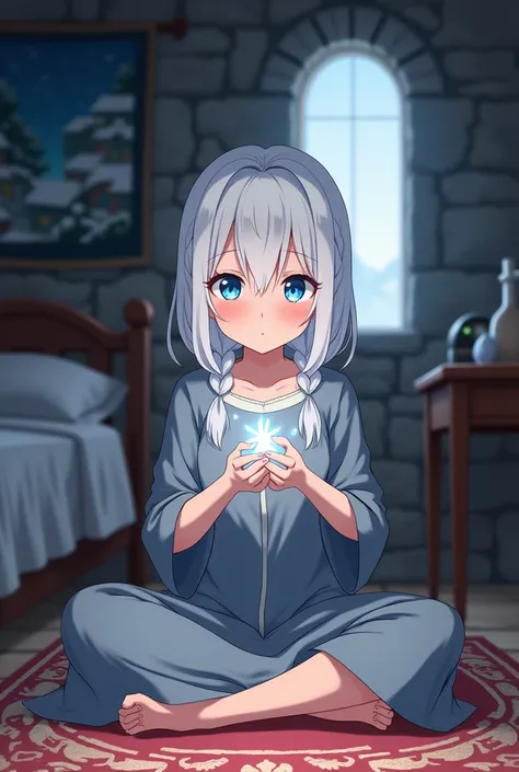 An anime-style illustration of a  girl practicing basic ice magic in her modest medieval bedroom. She sits cross-legged on a simple rug near a small wooden desk, her snow-white hair neatly braided with a few loose strands framing her face. Her sapphire-blu...