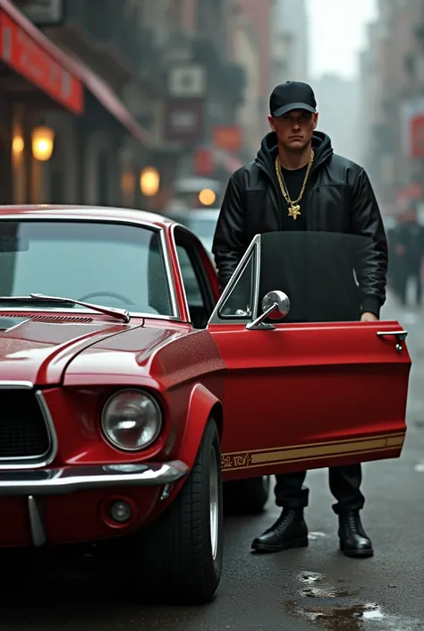 Create a retro tuned mustang car scene with a rapper eminem opening the door,must be aetsethic, rhe full mustang needs to be seen

