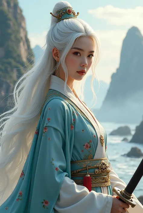  Beautiful girl with white hair, ancient Chinese clothing holding a sword