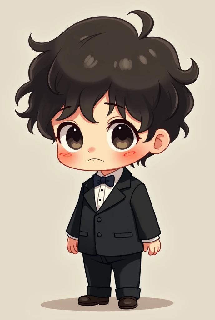 Chibi boy, curly hair, black suit, with sad face 