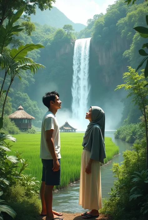 (photorealism:1.2),natural waterfall view A beautiful village in beautiful nature a young Indonesian man with a thin body .wearing a white t-shirt, shorts and flip flops .Handsome face smiling thinly facing forward is taking a shower right under a cascadin...