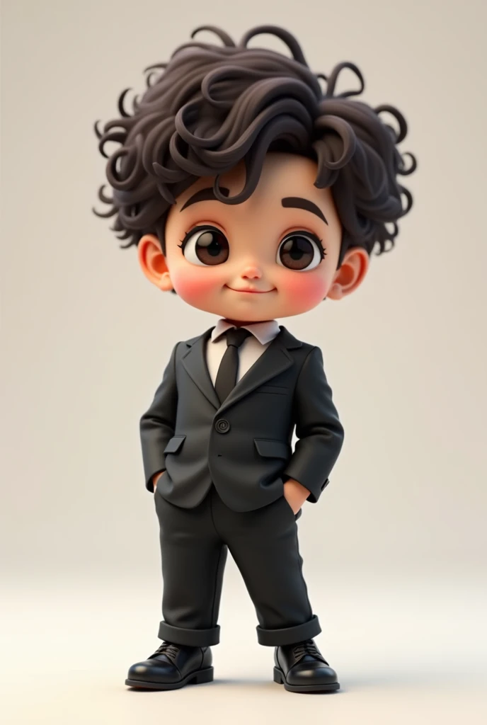 Chibi boy, curly hair, black suit, with multiple emotion