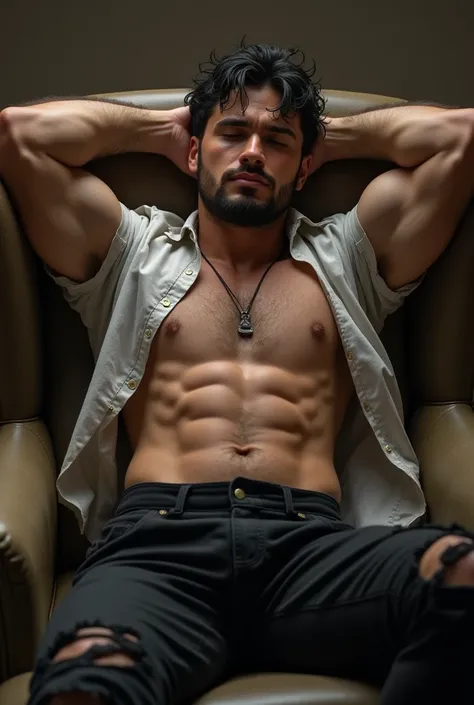 black messy hair, short-sleeved open shirt, muscles, lying on the amchair, torn black trousers, necklace, hands resting on his head, slightly dark skin, eyes closed, a man