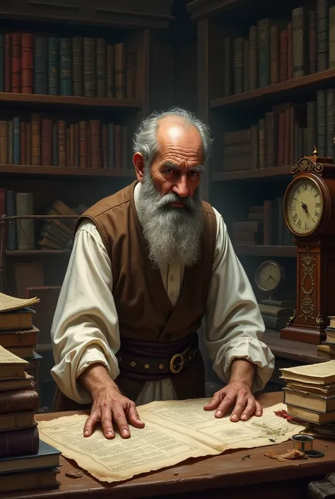 An elderly Turkish man with gray beard is standing at a desk .  Books and old maps are scattered ,  and an old clock is ticking in the background . Turkish historian