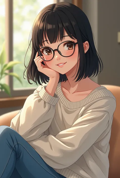 A beautiful Chinese girl with medium hair with bangs and black , black eyes,, with glasses,  freckles, in jeans and white knitting smiling, Studio Ghibli anime