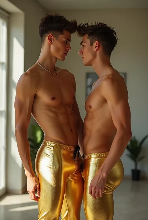 Gay Boys in Gold Metallic Lack Leggings 