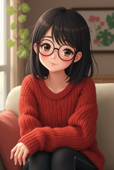  A beautiful Chinese girl with medium hair with bangs and black ,  black eyes,, with glasses,  freckles, in black jeans and red knitting smiling , anime do studio ghibli