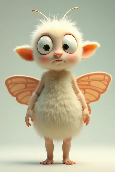  Create a female humanoid character that is a hairy moth ,  your head be round , without mouth, just big white eyes ,  who has a comically big butt with her buttocks highlighted, Create this 