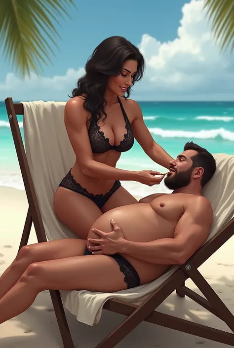 muscular tall girl with big biceps and big arm in deckchair in lingerie and feeding belly rubbing fat short feedee guy  background beach deckchair