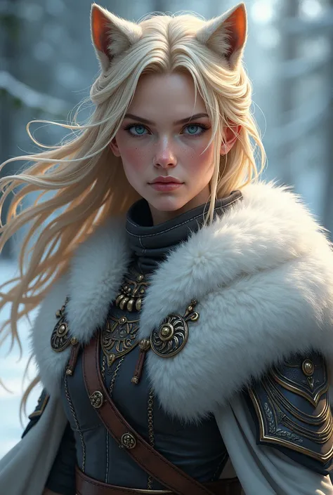 Women,  blond hair , Nordic, viking, warrior, Princess,  blue eyes ,  serious and lethal expression ,  wears a white wolf cape, Elf dark circles , Anime 2.0, realistic