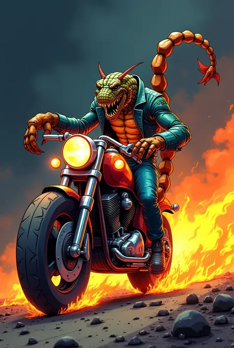 Oldschool scorpion cartoon on a burning motorcycle 



