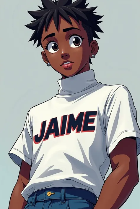 a black man,white high collar shirt with the name Jaime in uppercase letters,blue jeans,white sneakers,anime style,detailed facial features,beautiful detailed eyes,beautiful detailed lips,extremely detailed eyes and face,long eyelashes,photorealistic,hyper...