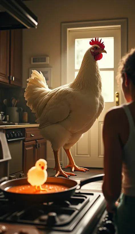 A giant, angry hen standing in the kitchen doorway, its feathers fluffed up, wings slightly spread as if preparing to attack. The door is slightly ajar, with sunlight streaming through. The woman is in the foreground, frozen in shock near the stove. The gl...