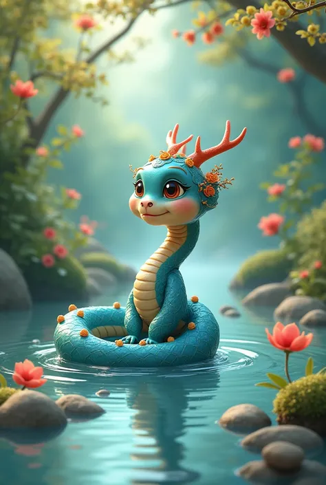 A cartoon character, snake type, snake body, wearing ancient Chinese costume, bathing in a stream, in a stream, blue costume, 2D illustration, array, Disney, Ancient China website grand