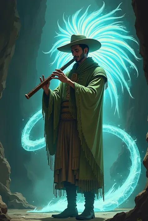  in the anime style of JoJos Bizarre Adventure I want a musician dressed in a poncho who is playing music with a flute, behind it is a spirit ,  this spirit must be translucent and represent a pre-Columbian god 