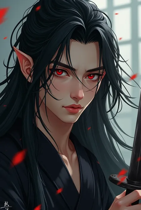  A close up of a person with long hair and a sword.,  a digital painting inspired by Zhang Han , trendy in cg society, arte digital,  handsome Japanese demon boy , Heise Jinyao, handsome stunning  realistic ,  noble male elf in black robes , Handsome male ...