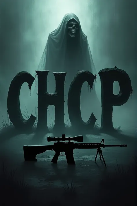 Make an image with the letters chcp with skull and sniper