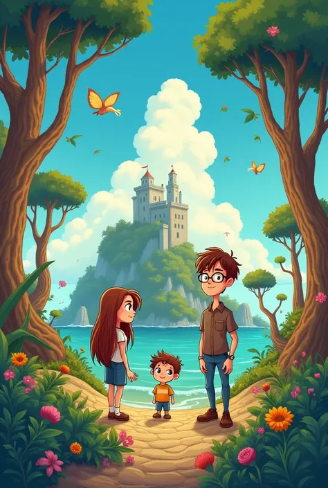  create cartoon poster has the basis of a fairy tale  ,, island of total failure” create the following characters in it: 1)   old girl in long brown straight hair 2 )  20 year old boy in short brown curls glasses 3 )  40 year old mom in red short shoulder ...