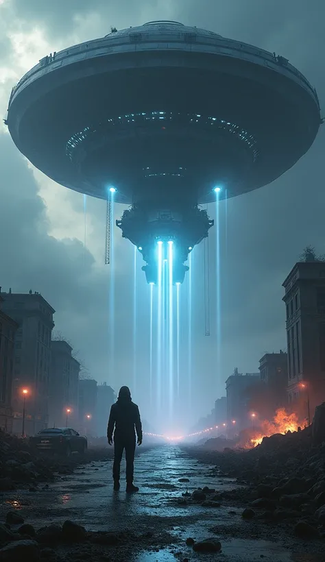 Create a stunning book cover set in a dystopian, apocalyptic Earth during an alien invasion. The scene should showcase a shattered, crumbling cityscape beneath a dark, stormy sky. The alien mothership, colossal and ominous, hovers above the Earth, its mass...