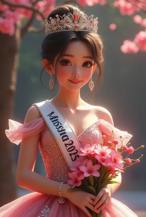 real picture,  a beautiful young chubby Indonesian woman senyum tipis,hair Messy Bun , wearing a crown on her head ,dan memegang seikat bunga plum,wearing a Miss universe dress, wearing a sash ribbon that reads  "MISS SICBA 2025 "ejaan jelas dan terang,set...