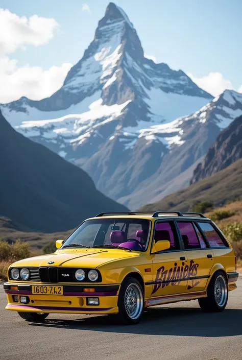  Create an upright picture of a lower , yellow BMW E30 Touring with Borbet a rims in front of a mountain. on the hood and on the doors are purple lettering , The seats are purple 