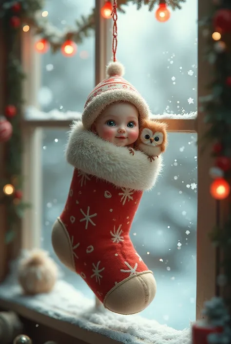 A MINI BABY AND A MINI OWL INSIDE A CHRISTMAS STOCKING HANGING FROM THE WINDOW