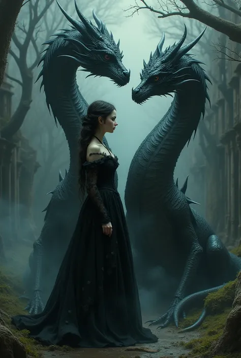 Gothic girl and two headed dragon