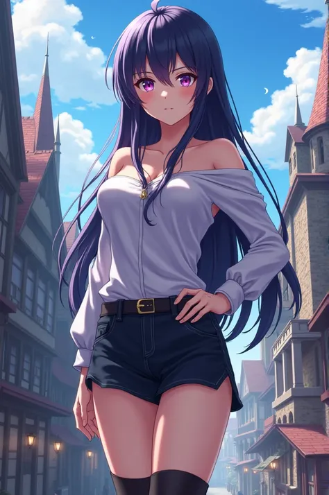 Shoulder-showing shirt, miniskirt, boots, dark brown, long haired, purple eyed, beautiful girl, medieval city, anime