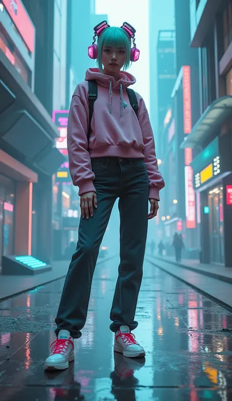 " A stylish and futuristic person in a modern urban setting, with colored hair or unique accessories ,  surrounded by creative and technological elements 