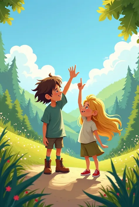 Create a boy and a girl pointing in a direction in illustration